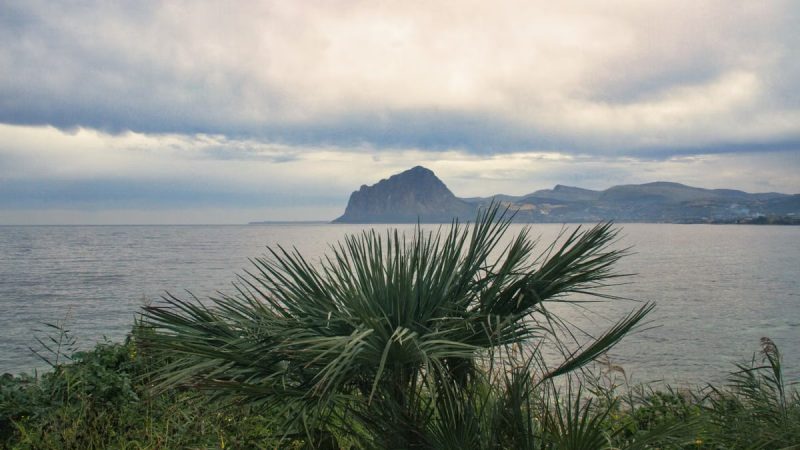 Scenic view of Monte Cofano from Sicilia's coast with lush greenery and calm sea.